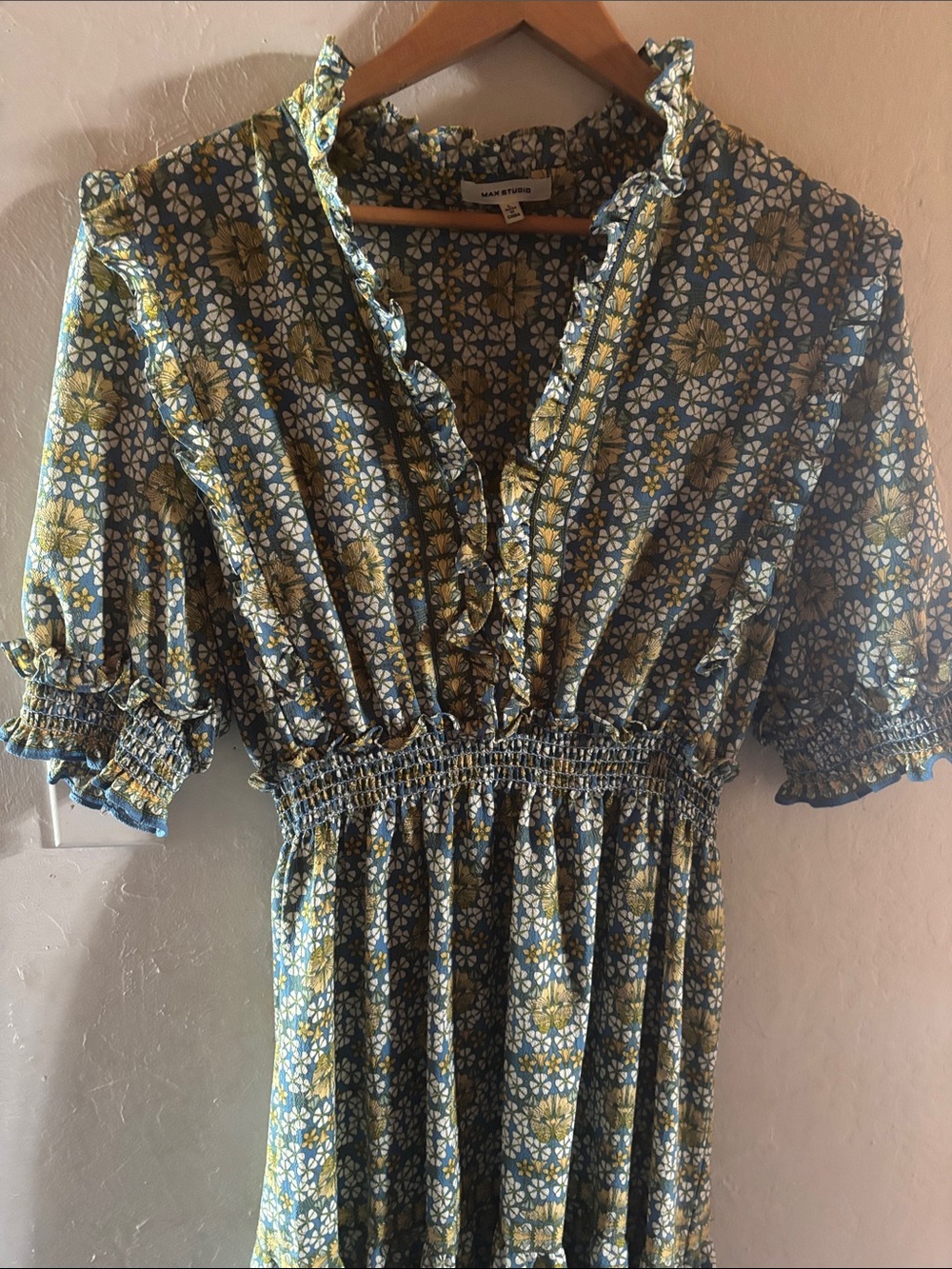 Maeve Blue and Mustard Floral Ruffle Midi Dress with Smocked Waist